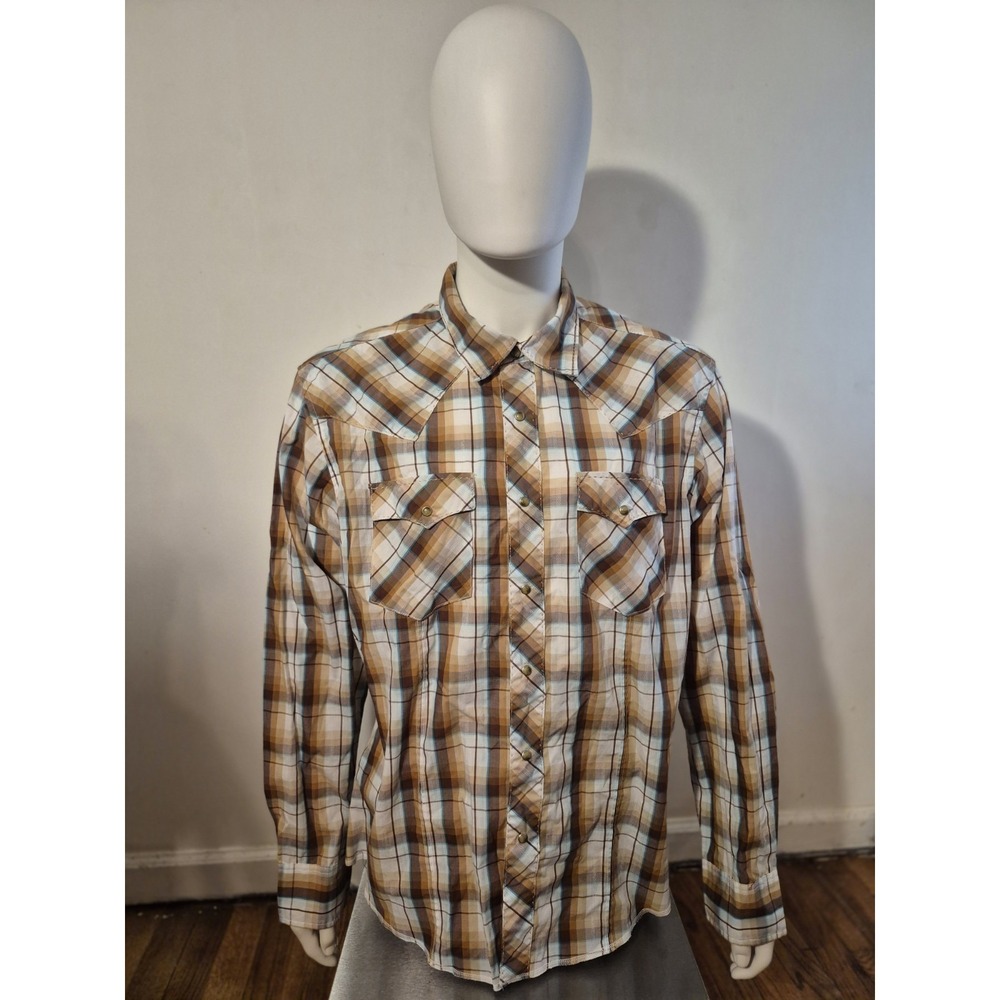 Vintage Western snap shirt Mens XL Pearl Snap orange brown plaid cowboy